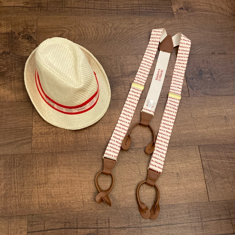 Maker’s Mark Whiskey Fedora Sun Hat & Suspenders Set Novelty Kentucky Derby OSFM